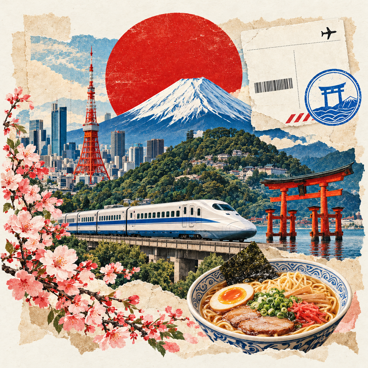 Vintage Japan travel collage with Mount Fuji, a bullet train, cherry blossoms, a torii gate, and ramen